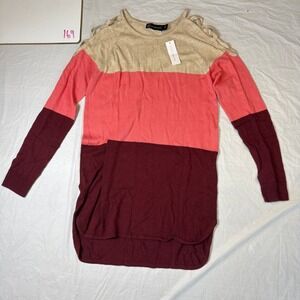 New York & Co Colorblock Cold Shoulder Tunic Sweater Pink Burgundy Tan M NWT